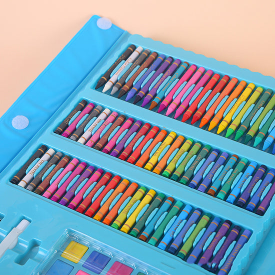 Large art set for kids with 208 supplies including watercolor pens, oil pastels, and color pencils, contained in a cheerful, portable case.