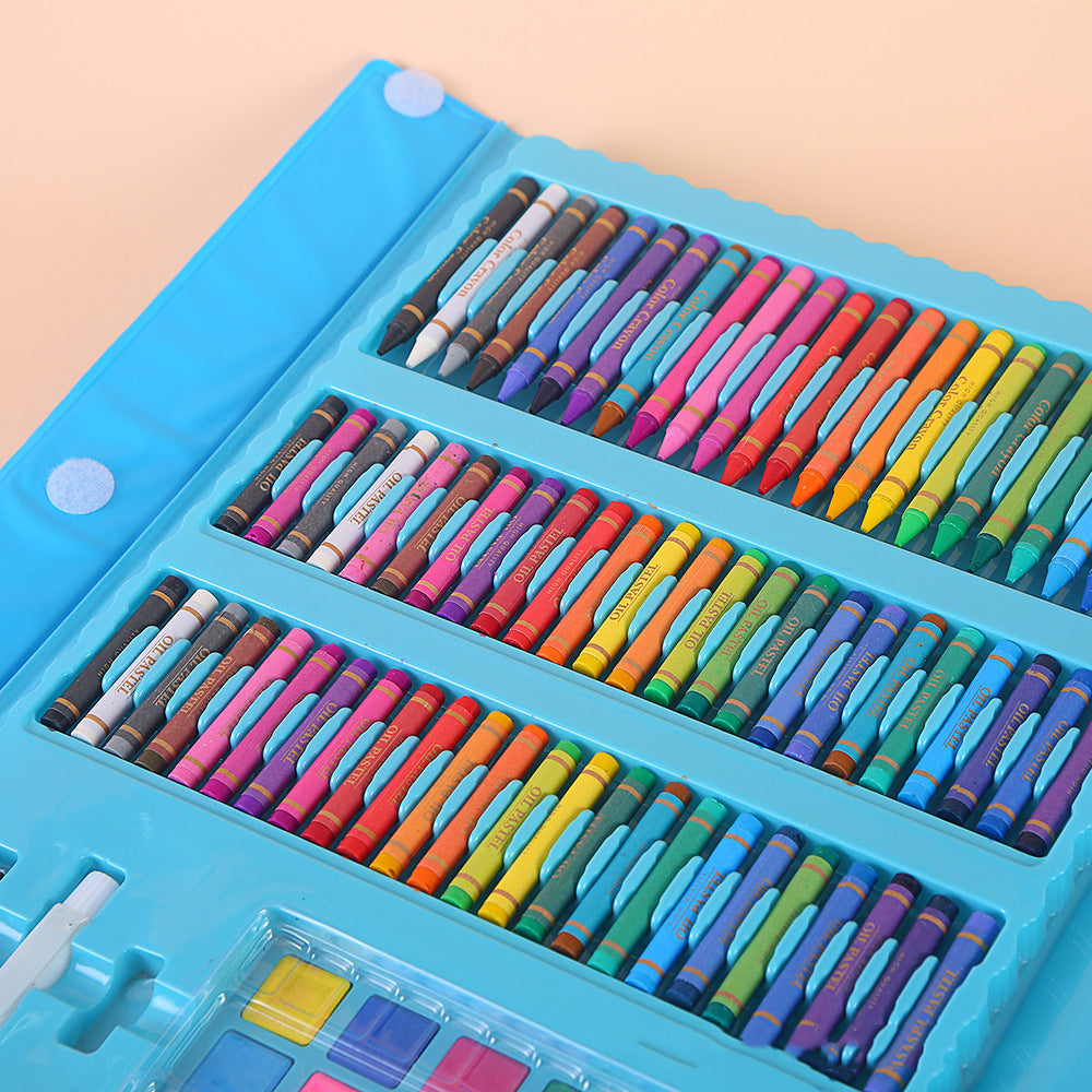 Large art set for kids with 208 supplies including watercolor pens, oil pastels, and color pencils, contained in a cheerful, portable case.