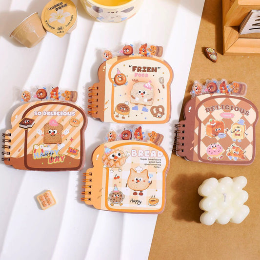 Assorted bread-themed spiral notebooks with cute bakery designs in pastel shades, perfect for journaling, school, or gifting.