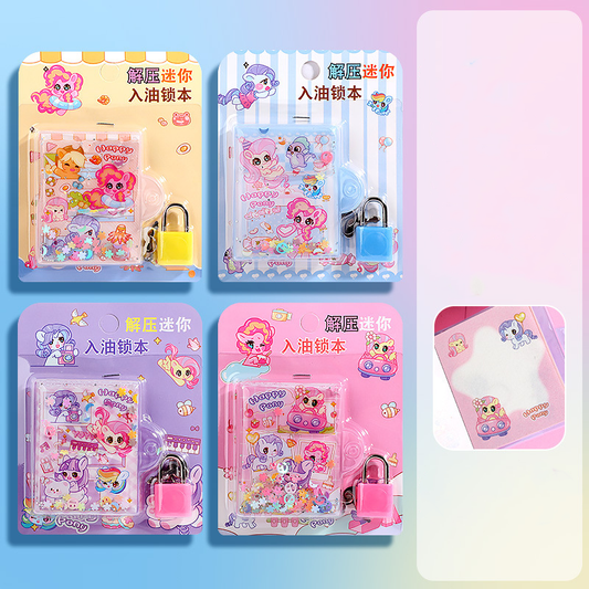 Cute glitter lock notebook with floating confetti cover and mini padlock.