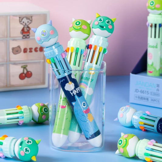 Monster-themed multi ink pens for kids with 3D topper and 10 colors
