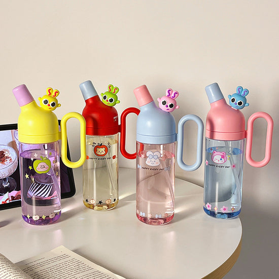 Pastel color kids’ water bottles with handles and fun cartoon toppers