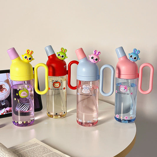 Pastel color kids’ water bottles with handles and fun cartoon toppers