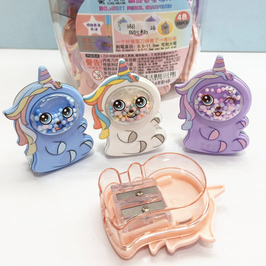 Kawaii cartoon unicorn pencil sharpener with dual blades and shavings container, designed for kids’ school stationery and return gifts.