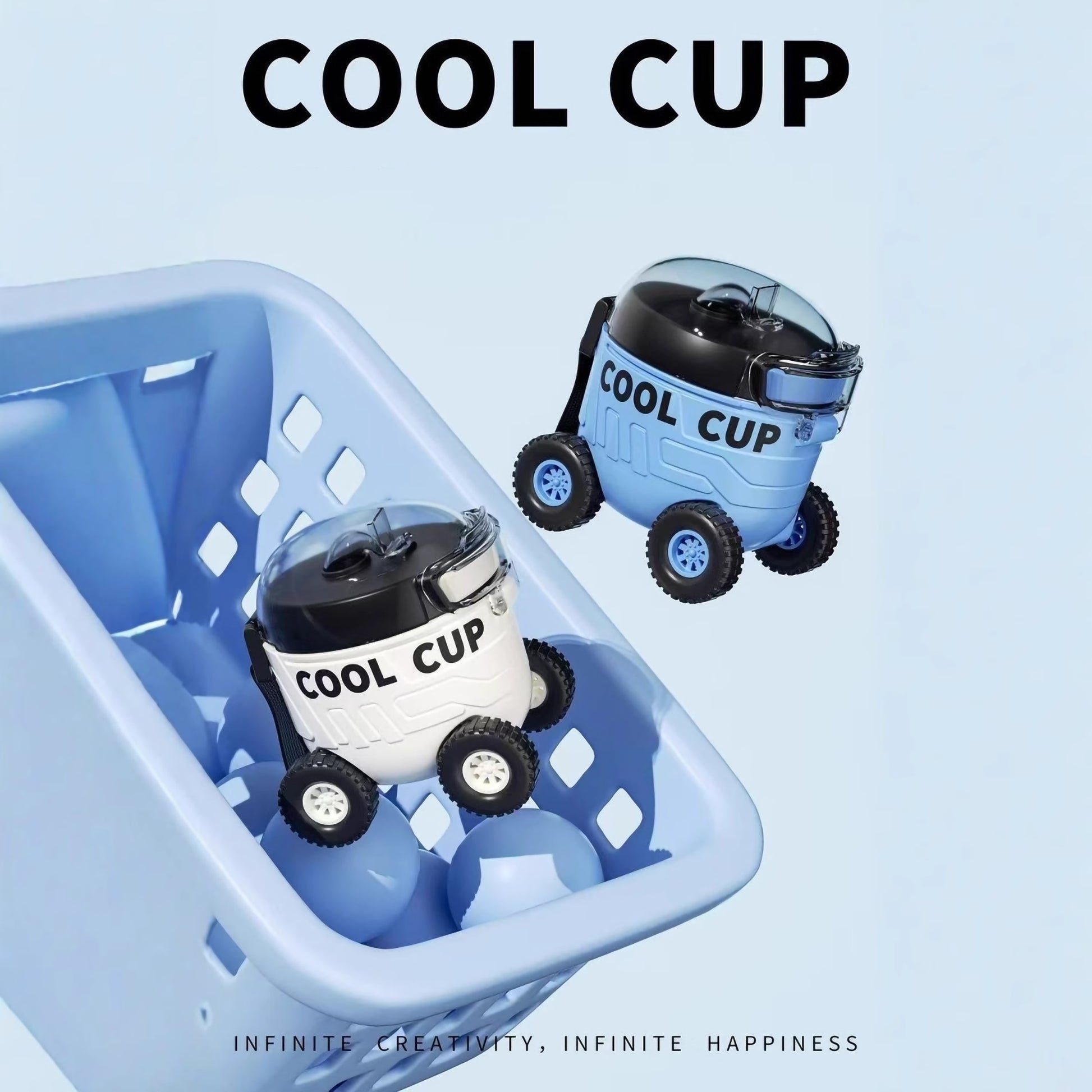 Blue and white toy car shaped water bottles with wheels inside a shopping basket.