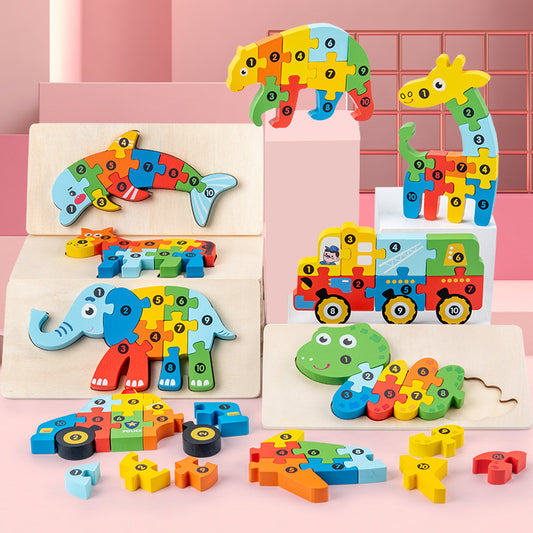 Colorful wooden number puzzle set with animal and cartoon character designs for kids