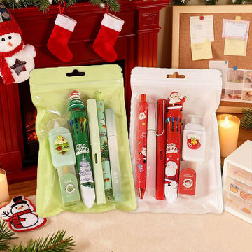 Christmas-themed stationery gift set with pens, eraser and multi-color pen in festive packaging.