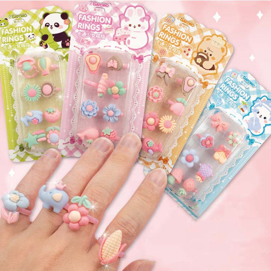 Adjustable cartoon resin rings for kids featuring fruit and animal designs.