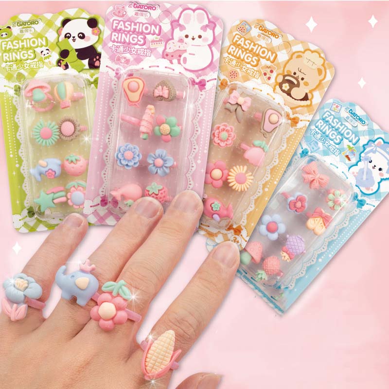 Adjustable cartoon resin rings for kids featuring fruit and animal designs.