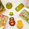 Cute Cookie Family eraser collection with cartoon eye details, available in brown, yellow, and green colors.