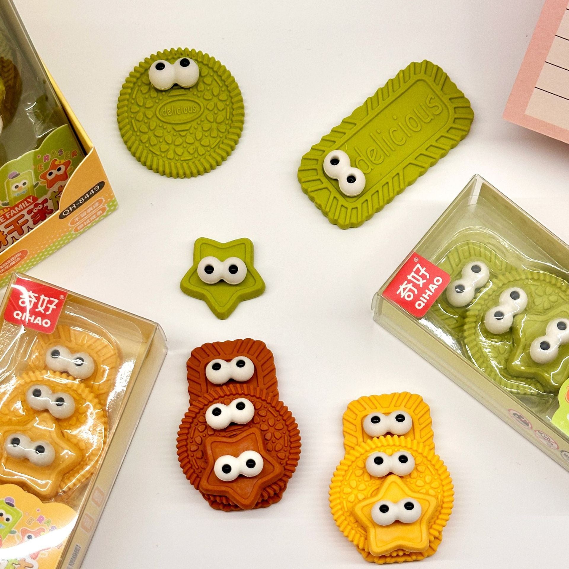 Cute Cookie Family eraser collection with cartoon eye details, available in brown, yellow, and green colors.