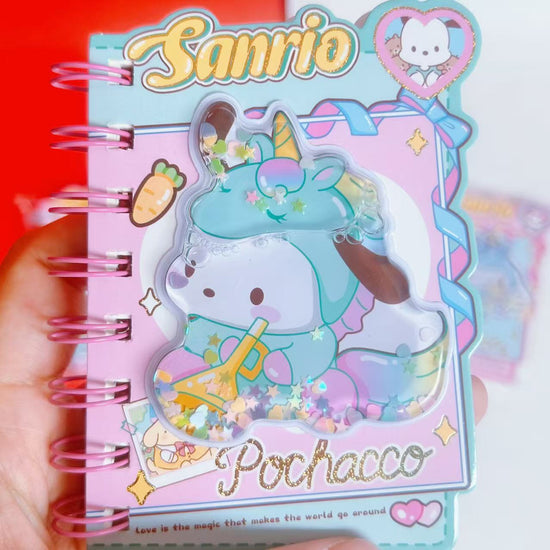 Kawaii stationery diary with sparkly transparent cover and colorful cartoon theme.