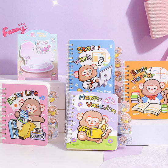 Monk's Happy Life mini spiral notebook with cute monkey cartoon cover