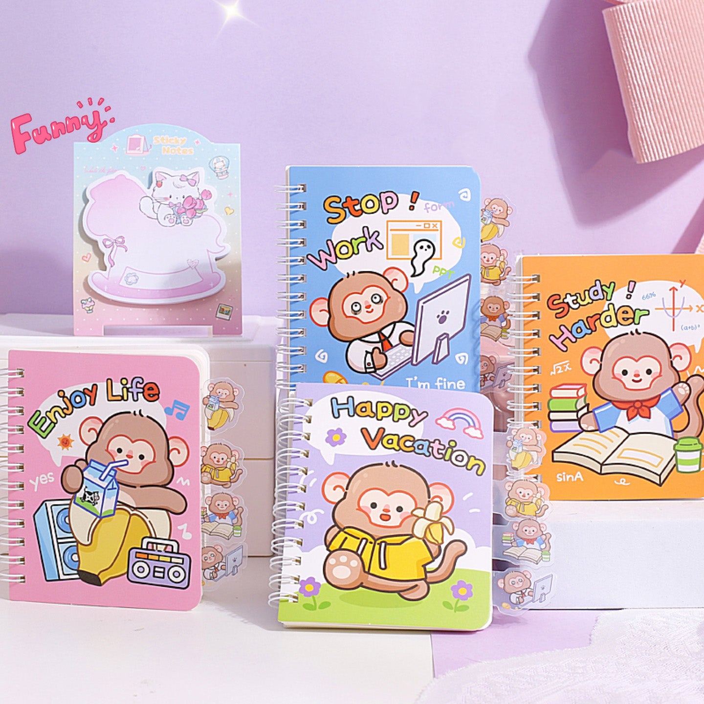 Monk's Happy Life mini spiral notebook with cute monkey cartoon cover