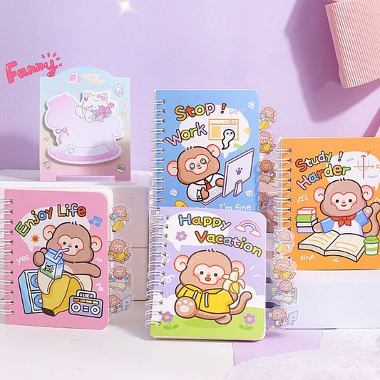Monk's Happy Life mini spiral notebook with cute monkey cartoon cover