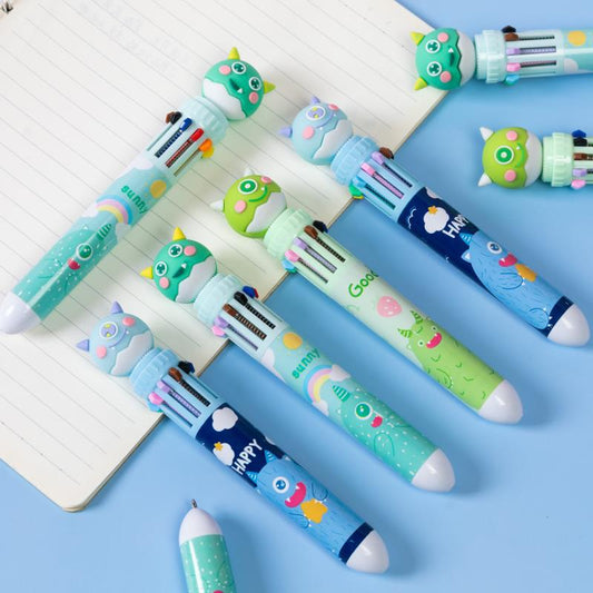 Cute monster 10-color multi ink pens with pastel design and cartoon topper