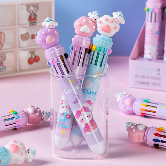 Cute paw 10-color multi ink pens in pastel pink, blue and purple designs