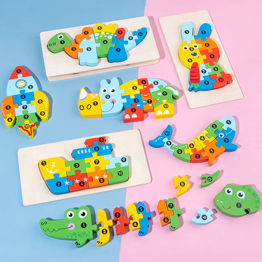 Educational wooden puzzles for toddlers featuring bright animal and vehicle shapes