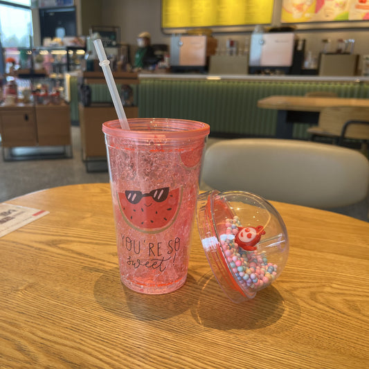 Cartoon Fruit – Fun Character Glitter Cup with Straw 450ml