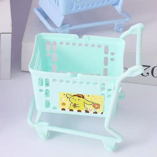 Assorted kawaii-style mini shopping cart organizers in pastel colors, ideal for holding small items or decorating desks.
