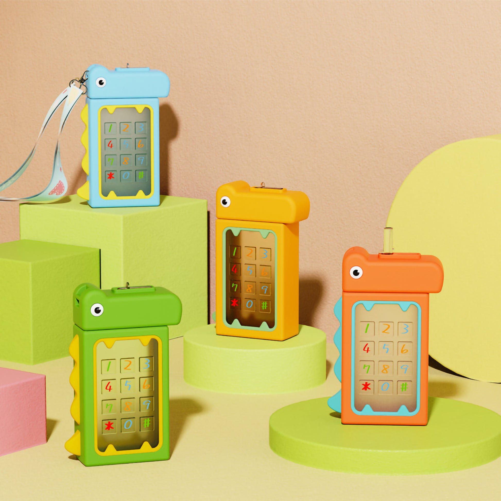 Four colorful dinosaur phone shaped water bottles on display stands.