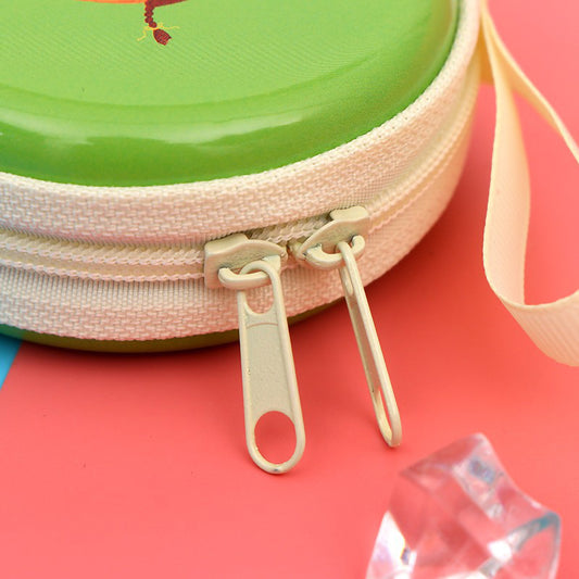 Assorted premium reusable kawaii animal character theme mini zipper bags with attached fabric carrying straps on a pink background.