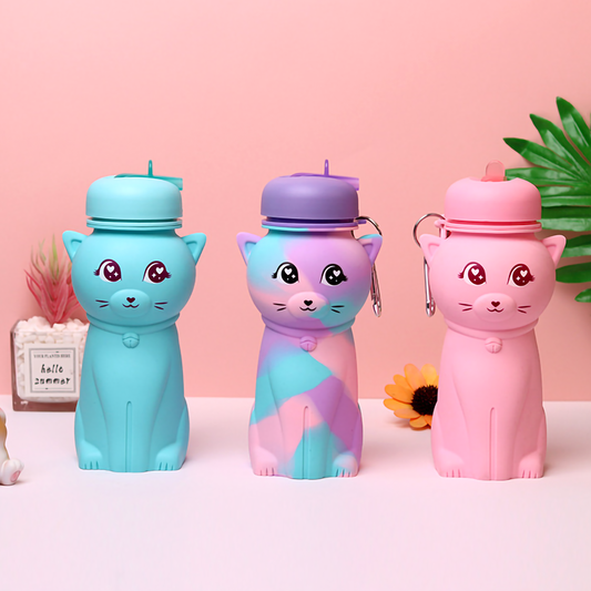 500ml Cute Cat Silicone Collapsible Water Bottle for Kids | BPA Free