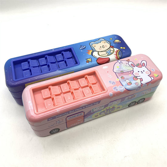 Cute cartoon-themed pencil boxes shaped like buses in pink and blue designs featuring a bunny and bear character.