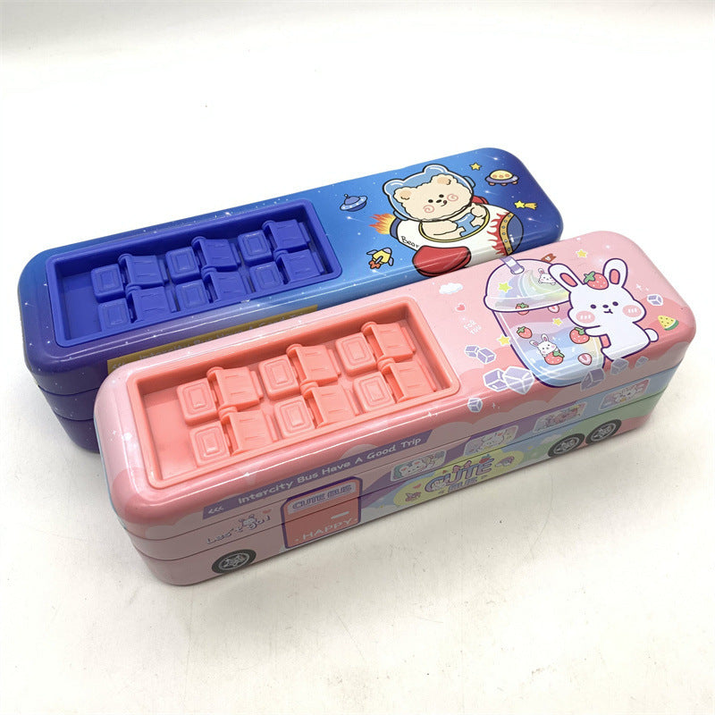 Cute cartoon-themed pencil boxes shaped like buses in pink and blue designs featuring a bunny and bear character.