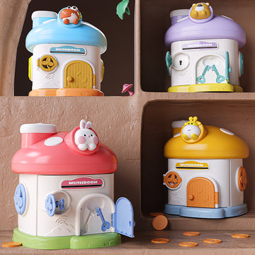 Set of colorful mushroom-shaped toy houses with cute animal figures on top, designed for kids’ play and decor.