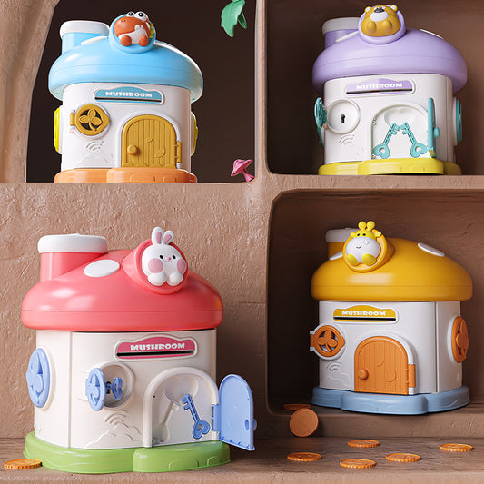 Set of colorful mushroom-shaped toy houses with cute animal figures on top, designed for kids’ play and decor.