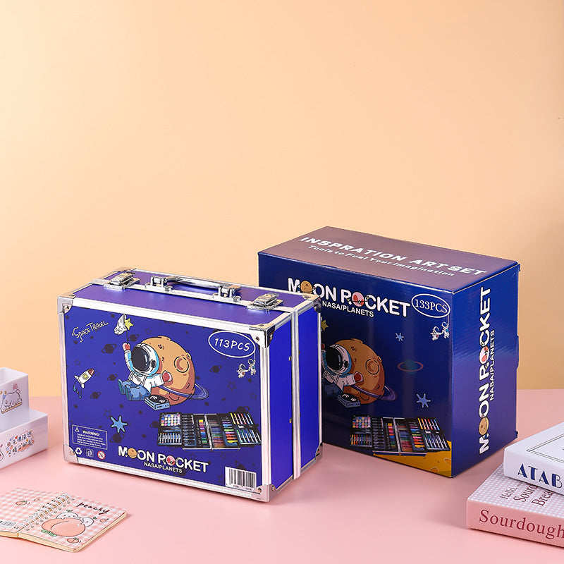 Complete kids art suitcase with watercolors, markers, pencils and accessories inside organizer box