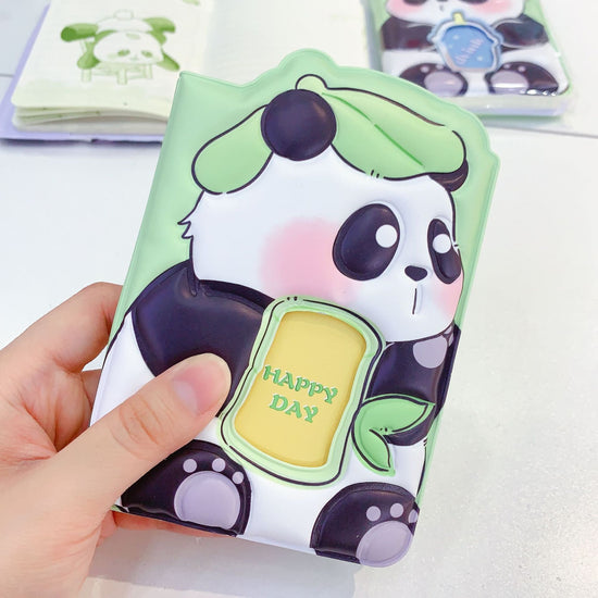 Set of four soft cover panda notebooks with squishy 3D panda designs — cute kawaii stationery for kids, journaling, and gifting.