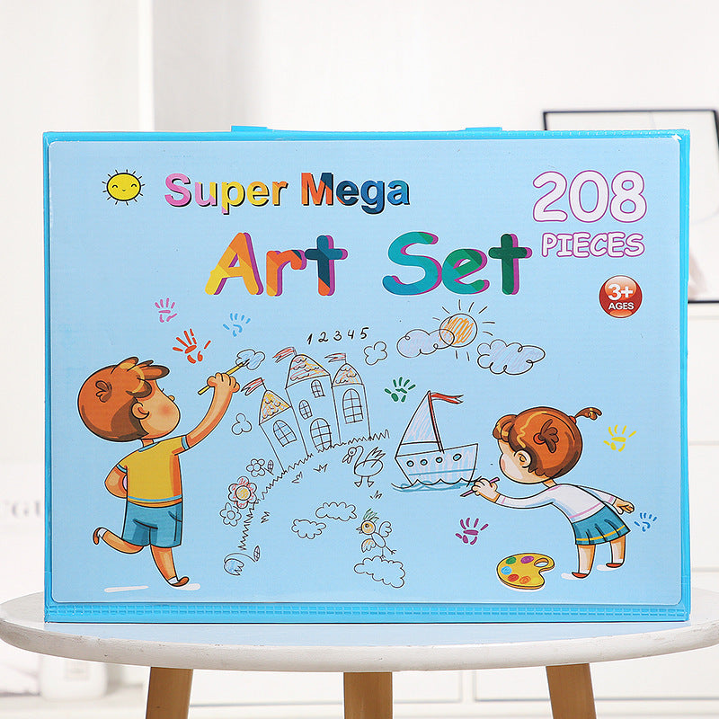 Super Mega Art Kit for children, ages 3+, featuring a large collection of non-toxic markers, crayons, and accessories in a durable pink plastic briefcase.