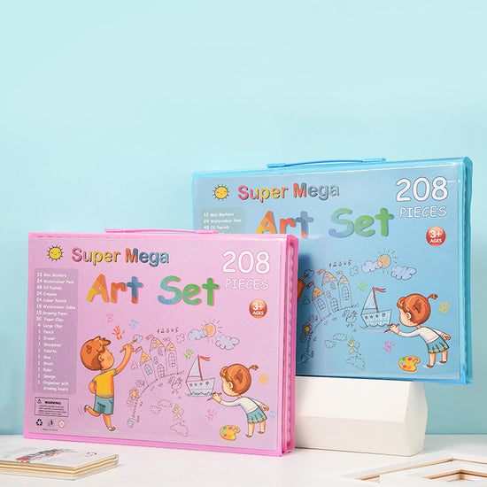 208-piece Super Mega Art Set in pink and blue plastic cases, showing colorful drawing tools and a built-in drawing board feature.