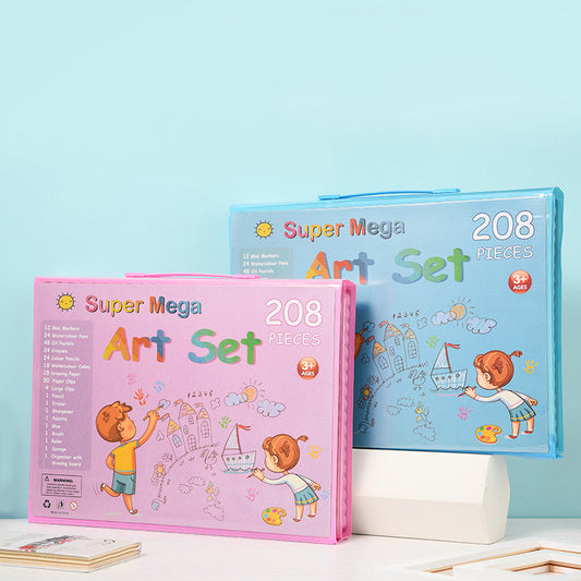 208-piece Super Mega Art Set in pink and blue plastic cases, showing colorful drawing tools and a built-in drawing board feature.