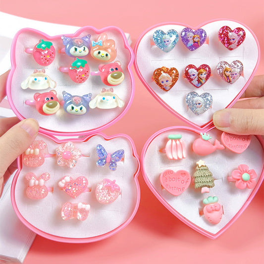 Assorted kawaii resin ring set for kids featuring fruit and heart designs.