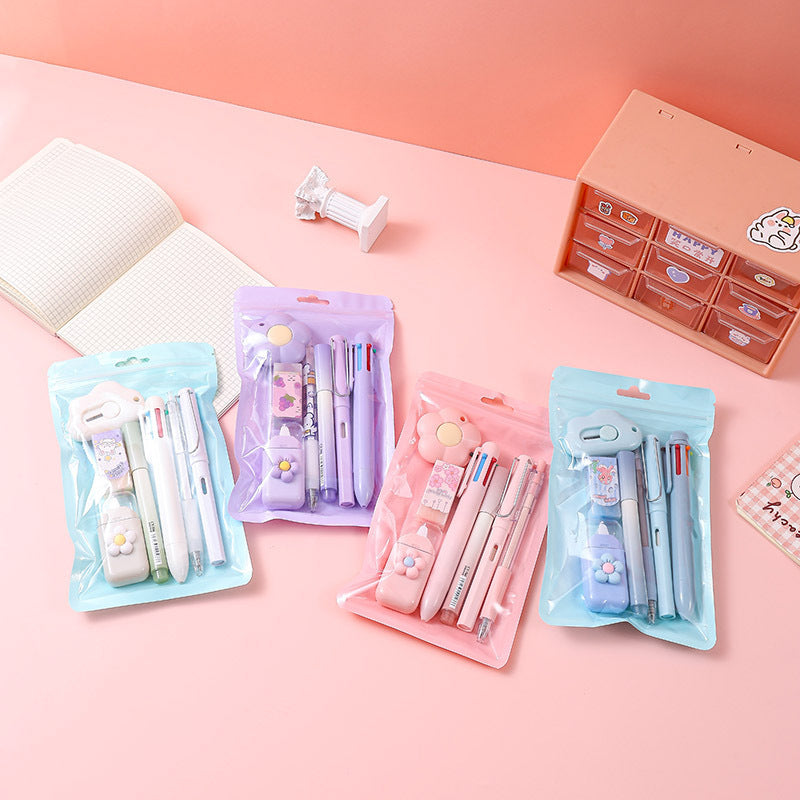 "Cute pastel stationery kit with pens, highlighter, eraser and sharpener"