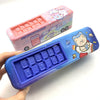 Bus-shaped pencil box for children in blue and pink with cute cartoon graphics and multiple compartments.