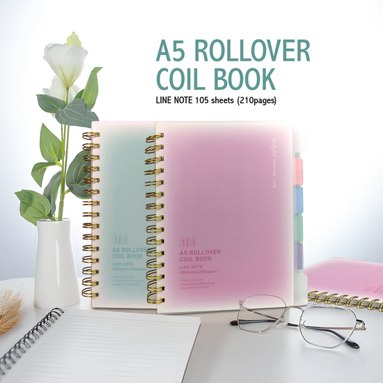 Set of pastel B5 spiral notebooks with frosted covers and divider tabs in pink, blue, green, and purple, perfect for school or office use.