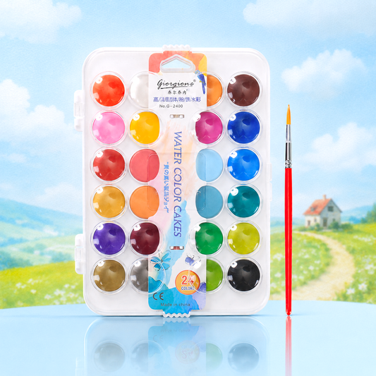 24-Color Solid Watercolor Paint Box with Brush