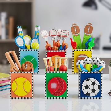 Colorful desk organizers with sports-themed items on a desk.