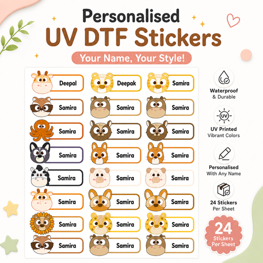 Personalized Cute Cartoon Animal Face Theme Name Stickers | Waterproof UV DTF Labels | 24 Stickers