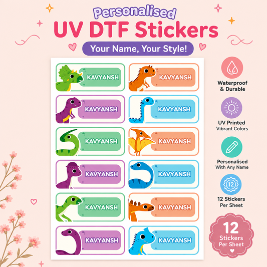 Personalized Cute Dinosaur Name Label Stickers for Kids | Waterproof UV DTF Labels | 12 Stickers