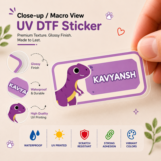 Personalized Cute Dinosaur Name Label Stickers for Kids | Waterproof UV DTF Labels | 12 Stickers