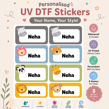 Personalized Kids Animal Theme Name Stickers | Waterproof UV DTF Labels | 8 Stickers