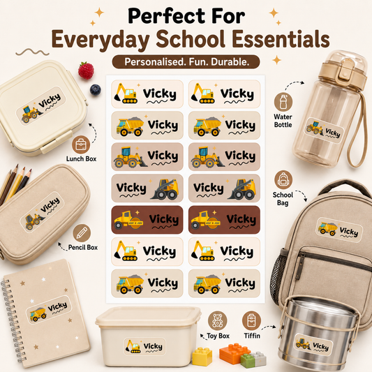 Personalized Kids Construction Theme Name Label Stickers | Waterproof UV DTF Labels | 14 Stickers