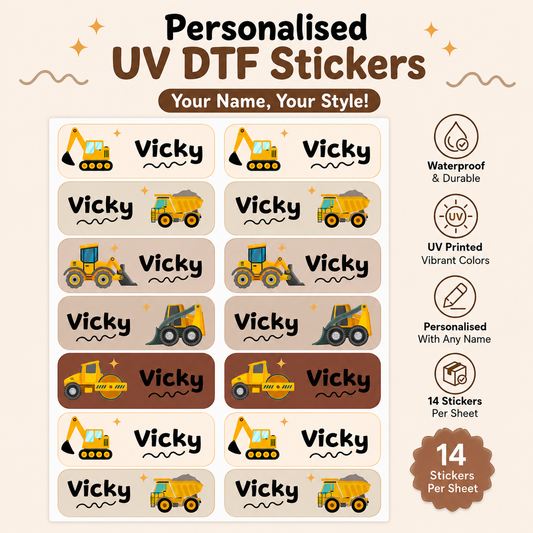 Personalized Kids Construction Theme Name Label Stickers | Waterproof UV DTF Labels | 14 Stickers