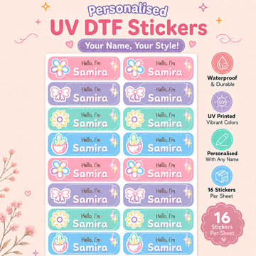 Personalized Kids Pastel Kawaiii Name Stickers | Waterproof UV DTF Labels | 16 Stickers