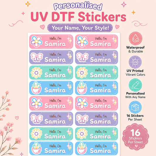 Personalized Kids Pastel Kawaiii Name Stickers | Waterproof UV DTF Labels | 16 Stickers